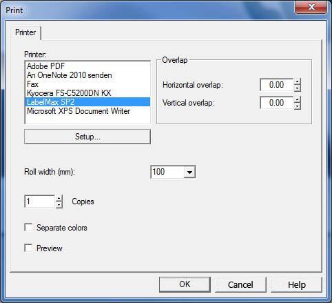 6 Print Menu Select the correct printer (here: LabelMax SP2) after entering the print-menu by Clicking on File > Print. Very important is the "Roll width -item.