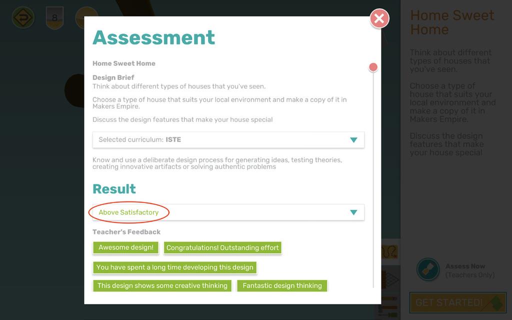 Choose the assessment level from the dropdown menu: Above Satisfactory, Satisfactory, or Below Satisfactory.