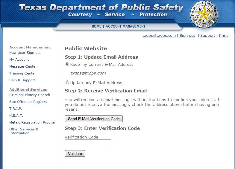 VERIFY EMAIL ADDRESS Figure 24: Verify Email Address EQUIPMENT The TRIP program is meant to help law enforcement personnel in their efforts to curb equipment theft, and assist in the recovery of