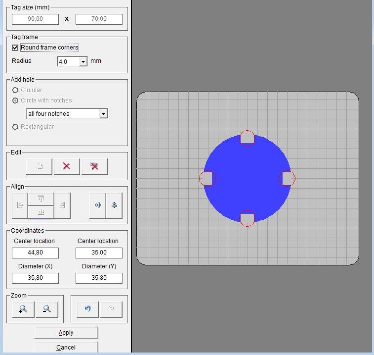 - Holes, cut-outs, frame corners If you now want to make holes or cut-outs in the tags you have created, or round off the corners, click on the Holes, cut-outs, frame corners button.