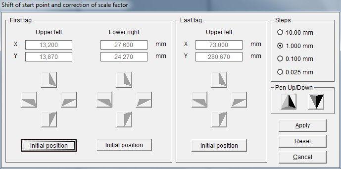 To make a correction, proceed as follows: Turn on the plotter and select a tag on the segment and then follow the menu path > Extras > Shift of start point and correction of scale factor.