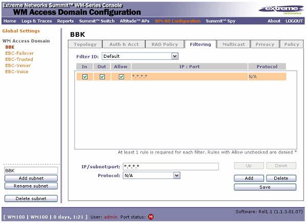 Configuration Guide Filtering 1. In the WM-AD Configuration screen, click the Filtering tab. 2. Select Default from the Filter ID drop-down list. a. Select all three options: In, Out, and Allow. b.