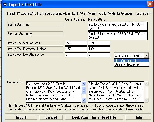 This screen shows a comparison summary between new file selected and the existing head on your current engine (shown in left column).