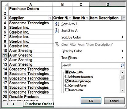 Filtering Records by Item Description In the Purchase Orders database, suppose we are interested in extracting all records corresponding to the item Bolt-nut