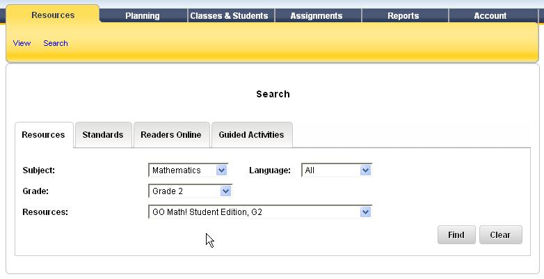 Searching Resources* To search resources, click Search on the Resources tab and then: 1. Select a subject from the Subject dropdown list. 2. Select a grade from the Grade dropdown list. 3.