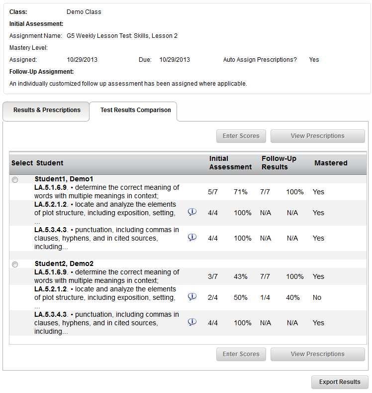 Test Results Comparison Tab If you chose to also assign a follow up assessment automatically, the View Class Results & Prescriptions page will also display a Test Results Comparison tab.