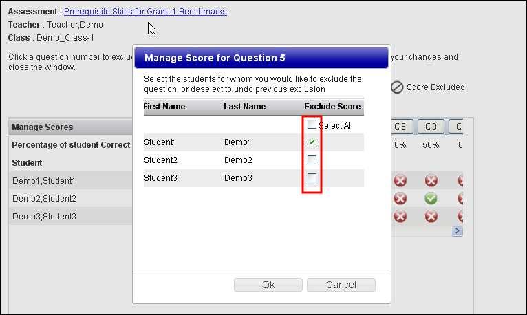 Managing Scores You can recalculate student scores by selecting individual questions to be removed from the total assessment score by using the Mange Scores button.