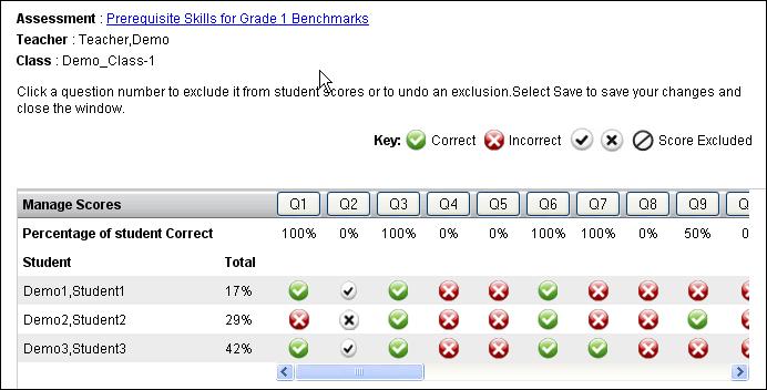 To view the test, click on the Assessment name hyperlink. To remove a question from the total score, click on the question number. The Manage Scores for Question window will pop-up.