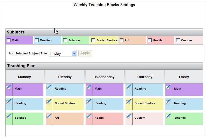 1. Click the Teaching Blocks link under Settings on the Planning tab. 2. To add teaching blocks to your calendar, select one or more subject blocks from the list at the top of the page.