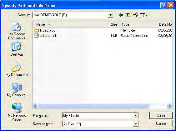 You will see a Specify Path and File Name box. Type the name of the file you created earlier (in this example My Files.