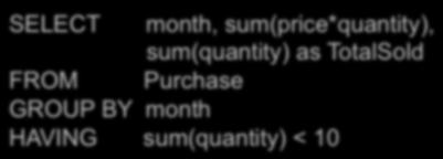 (pid,product,price,quantity,month) SELECT month, sum(price*quantity), FROM GROUP BY month HAVING sum(quantity) < 10 (pid,product,price,quantity,month) SELECT month, sum(price*quantity),