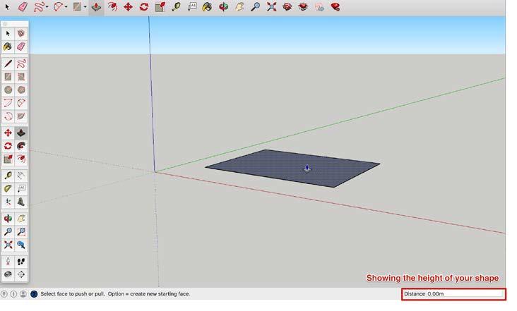 II. Time to go 3D! 1. On the Getting Started toolbar, select the Push/Pull tool ( ), and place the Push/Pull cursor over the rectangle you just created, as shown in the following figure. 2.
