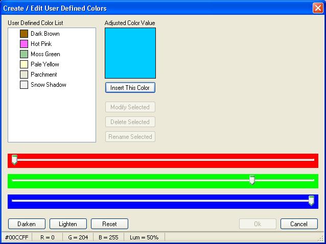 If the User Defined box was highlighted in the selection dialog, the selected item in that dialog s drop-down list will also be selected in the User Defined Color editing dialog, and the Adjusted