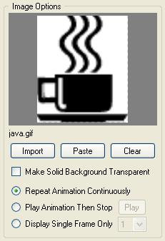 If an animated (multi-frame) GIF file is imported from disk, the last three lines of the Image control will be enabled (otherwise these will be greyed out.