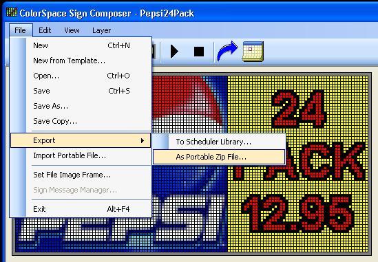 Portable Message Files To send the currently displayed Sign Message to another ColorSpace user, select menu option File / Export / As Portable Zip File.