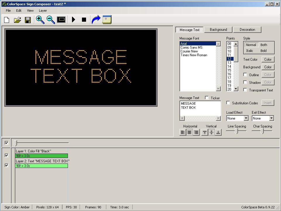 The ColorSpace Sign Composer Play Message Preview Export to Scheduler Effects Trackbar Message Text Text Alingment Spacing Hide Layer Phase Segments Startup When a new message is created (using the