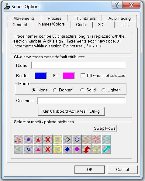 Series Options > Names/Colors Hit Control-o then choose the tab Names/Colors: Here you can change the names and colors of your Trace Palette squares (see: Trace Palette, above).