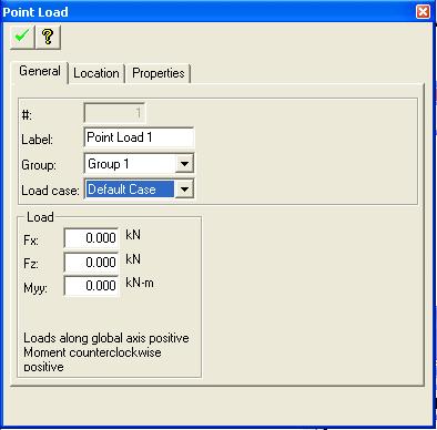 TOOLBARS AND DIALOG WINDOWS Chapter 2 FIGURE 2.20-1 POINT LOAD DIALOG BOX Each point load can be specified with the following load components: Forces: Fx, Fz Moments: Myy Create Line Load.