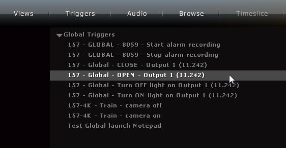 Triggers Triggers Ocularis Client enables triggering of outputs (relays) for activating external devices such as electronic locks, gates, camera presets, switching lights on and off, alarm systems,