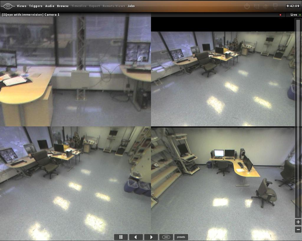 Live Monitoring with Quick Review Ocularis Client enables parsing the spherical video stream, received from cameras equipped with a panomorph lens, so that it appears un-skewed, resembling the image