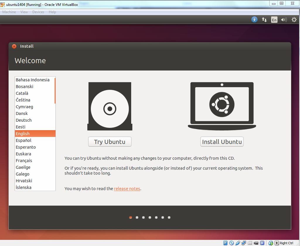 3. Install Ubuntu Back to Oracle VM VirtualBox Manager, click on the new Ubuntu virtual machine and hit 'Start' button. Now you shall see a 'Welcome' screen.