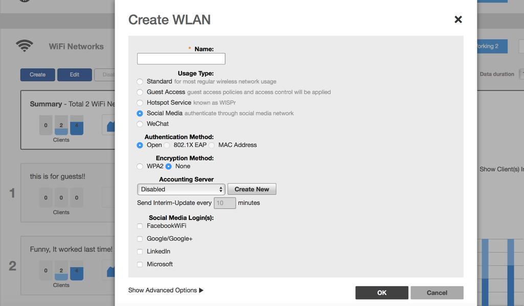Social-media authenticated WLANs Create WeChat WLAN