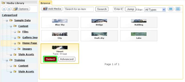 If the file is not in the Media Library already, click Add Media to upload the new file.