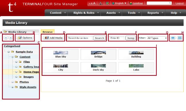 Media Library Site Manager Community Extranet - TERMI... Resize Categories view (A) - allows you to expand or minimise the categories view.