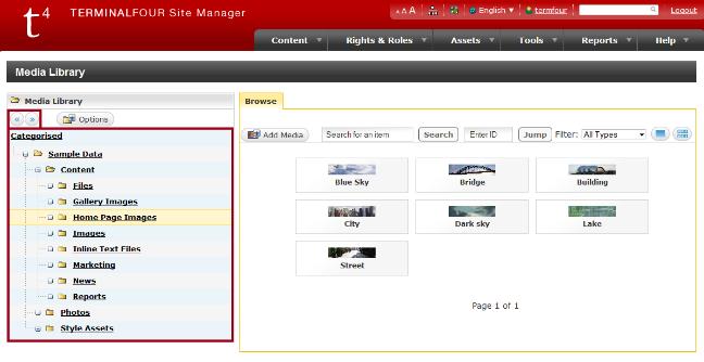 Media Library Site Manager Community Extranet - TERMI... Options menu From the Options menu you can Add/Delete categories (folders).