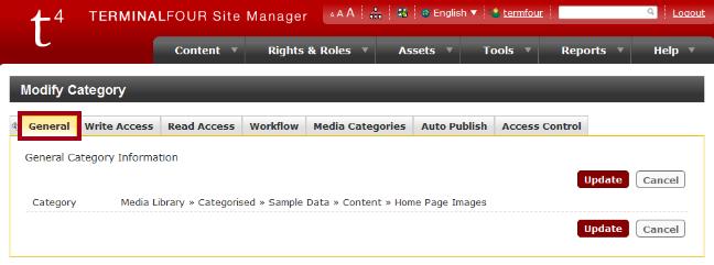 Media Library Site Manager Community Extranet - TERMI... The General tab provides the path of the current category. You cannot make any changes here.