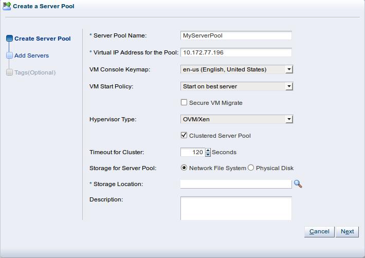 Creating a server pool Enter a name and virtual IP address for the server pool.