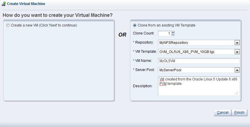 Creating a virtual machine from an assembly on which to deploy the virtual machines. Optionally enter a description of the virtual machine(s). Click Finish.