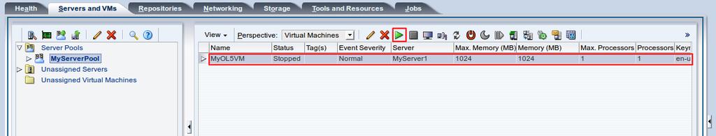 Starting a virtual machine and connecting to the console 3. Select the virtual machine in the table and click Start in the management pane toolbar. 4.