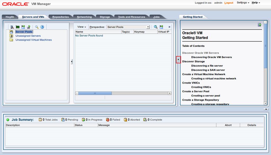 Chapter 2 Discover Oracle VM Servers Table of Contents 2.1 Discovering Oracle VM Servers... 4 When you log into Oracle VM Manager, the Servers and VMs tab is displayed. Figure 2.