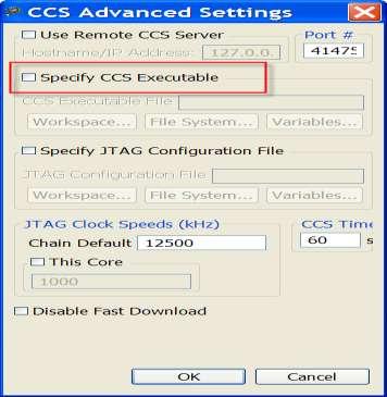 4.5 Specify CCS Executable In a non-rse project, when checked, this option specifies the path to the CCS executable file (other than the default) that the debugger launches if no CCS service is
