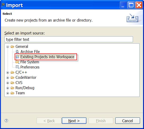 2 Importing a Non-RSE Project To import and convert a non-rse CodeWarrior project into a RSE-compliant v10.1.8 project, proceed as follows: 1. From the menu, select File > Import.