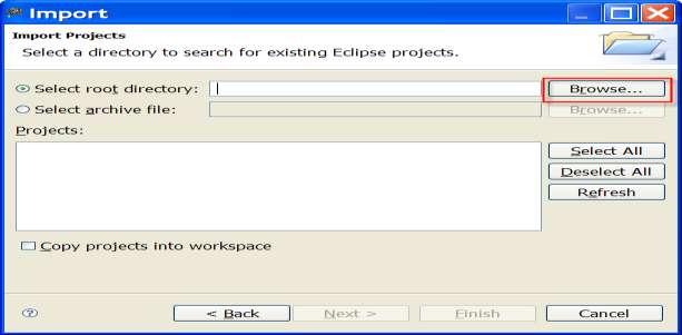 3. Click Next. The Import Projects page appears (Figure 3). Figure 3. Selecting the Directory to Search. 4. For the Select Root Directory option, click Browse. The Browse for Folder dialog appears. 5.