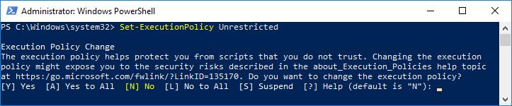 20. Open PowerShell and change the Execution Policy to Unrestricted by running the following command: Set-ExecutionPolicy Unrestricted 21.