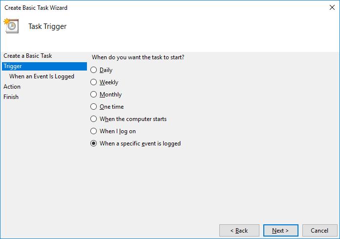 24. Specify the task name, select When a specific event is logged, and click Next. 25.