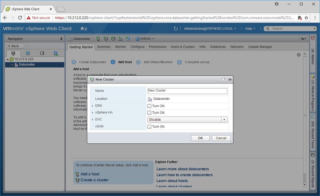 Creating Cluster 100. Click the Datacenter s Getting Started tab and click Create a cluster.