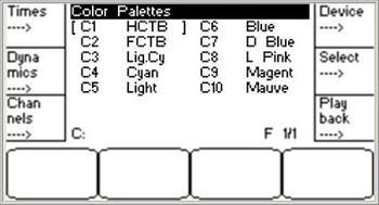 Device Palettes - Display List All Palettes can be activated from the Display Lists in the Main Display of the console facepanel.