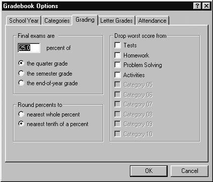 Grading Options Gradekeeper allows for a variety of grading options. Grades may be rounded to the nearest whole or tenth.