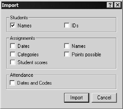Importing Students and Assignments To read a list of students or assignments and scores from a text file, choose Import from the File menu. The Import dialog box will appear.