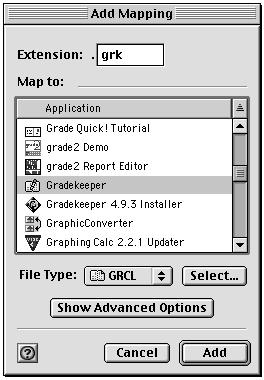 Using Gradekeeper on Different Computers (cont.) The Add Mapping dialog will be displayed, allowing the appropriate extension to be added. Enter grk as the extension.