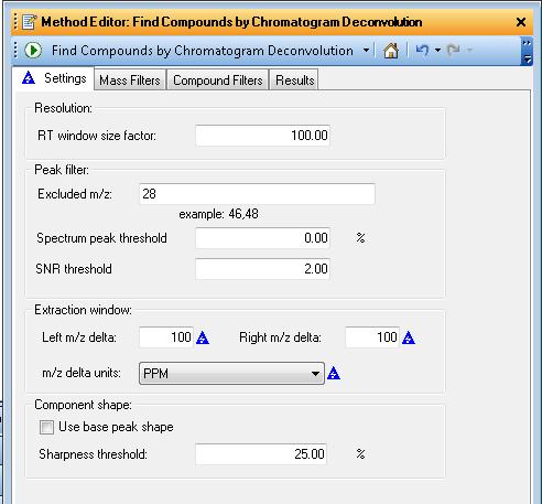 Exercise Analyze data Task 2. Find compounds by deconvolution Steps Detailed instructions Comments 1 Enter deconvolution settings appropriate for this data.