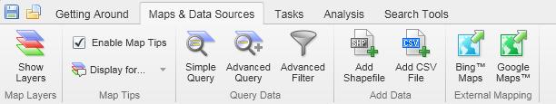 Maps & Data Sources Toolbar The Maps & Data Sources tab offers some more advanced tools for querying and filtering data, or uploading your own shapefiles and CSV files to view your own data on the