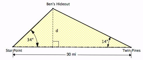 They estimate the angle of elevation to the peak as 5º. After traveling 6 miles towards the mountain the angle of elevation is 25º. Approximate the height of the mountain in miles and in feet.