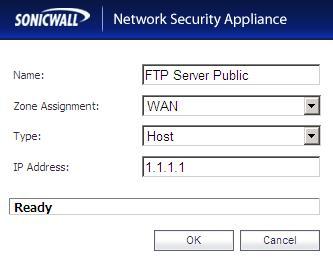 2.168.1.100 Address Object for Server's Public IP Name: FTP Server Public Zone Assignment: WAN Type: Host IP Address: 1.