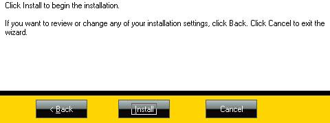 8. The Ready to Install Program screen appears next. If you want to make changes to your destination folder or any other selections you have made up to this point, click the Back button.