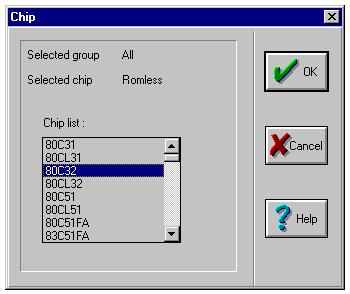 FIGURE 5.35: Chip Dialog Box Map Code: The Map command allows you to define the code memory as belonging to the emulator or to your target hardware. FIGURE 5.